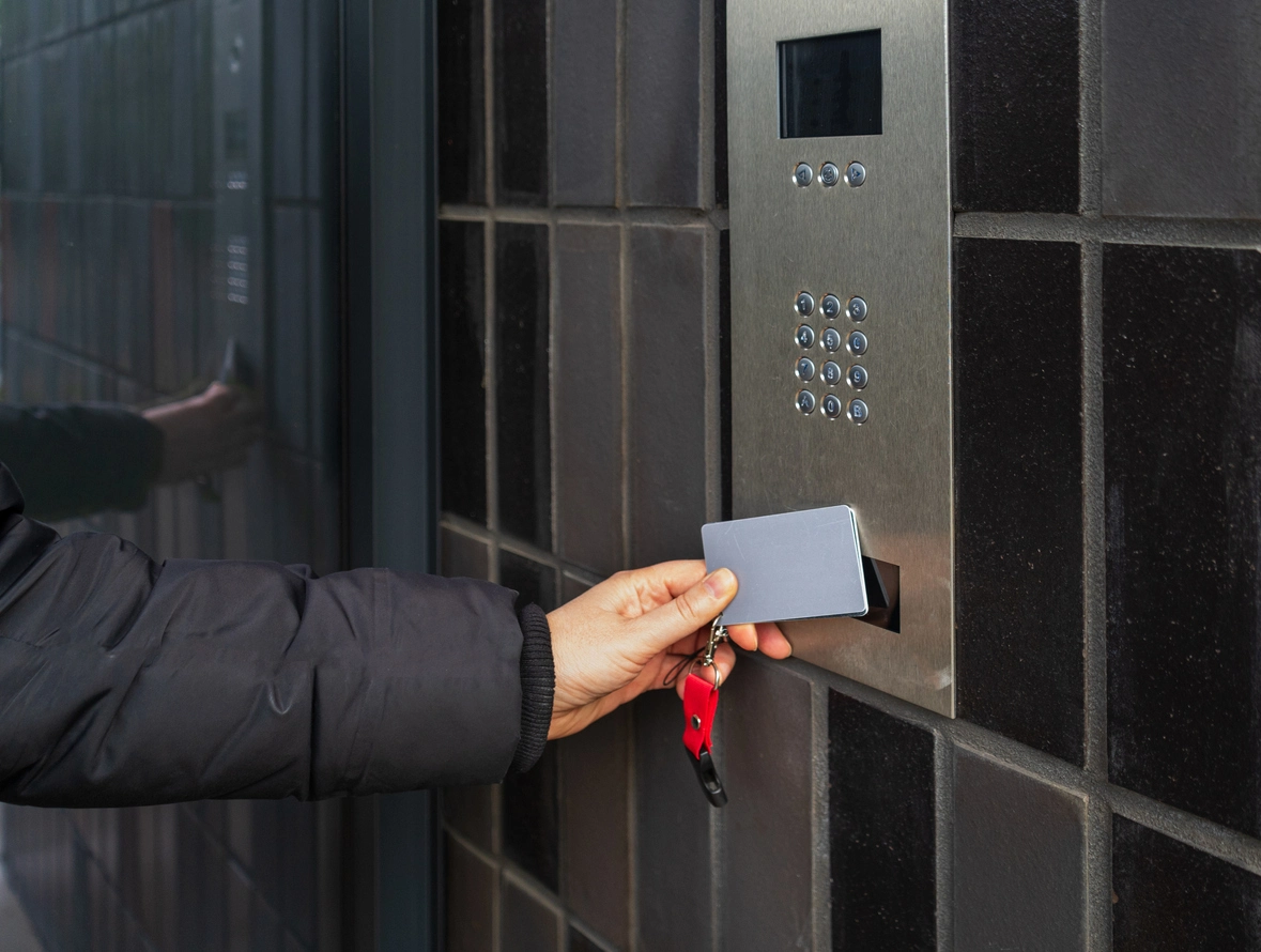 secured commercial interior door with access control reader