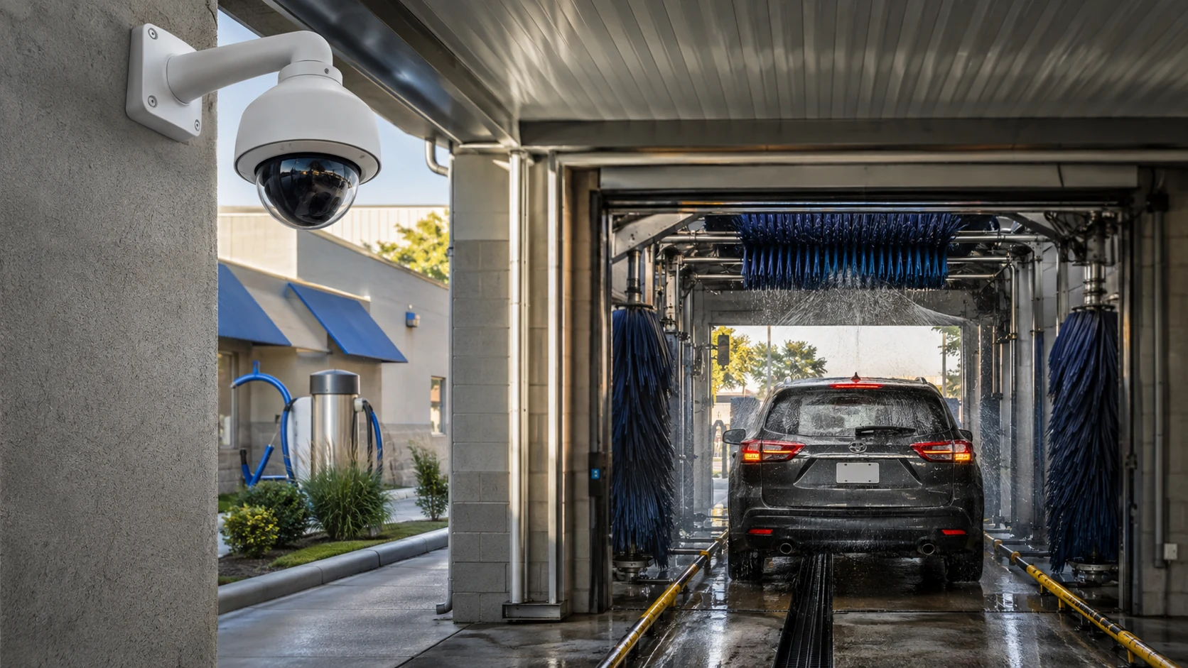 car wash surveillance cameras monitoring vehicle lanes and pay stations