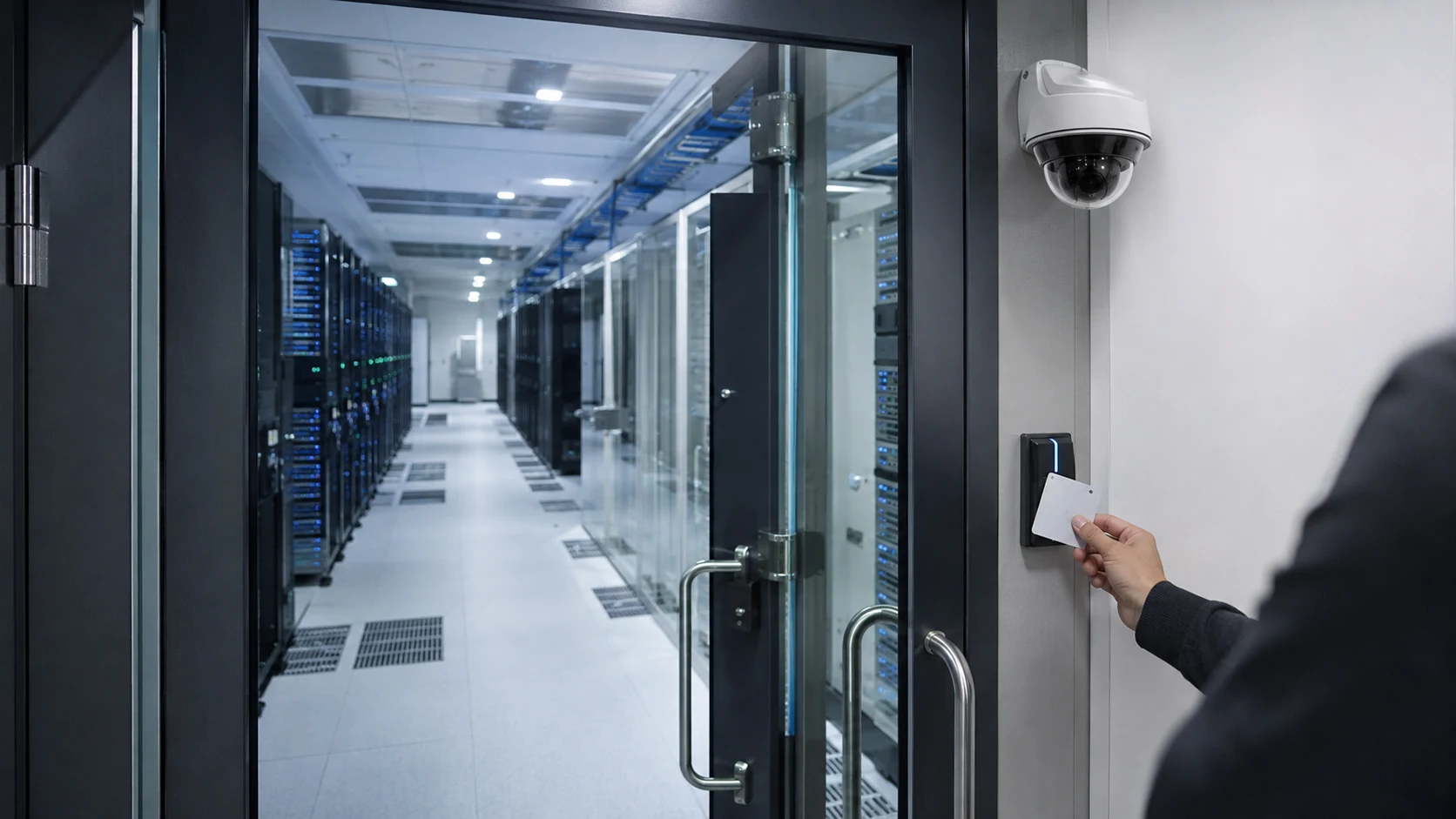 data center access point monitored by integrated access control and security cameras
