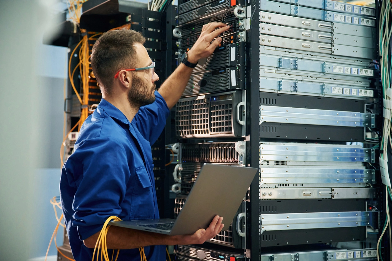 Security camera monitoring data center equipment room with electrical infrastructure