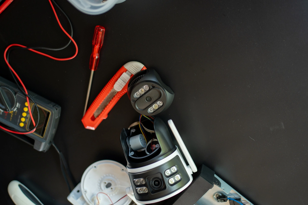 damaged security camera wiring inspected by technician