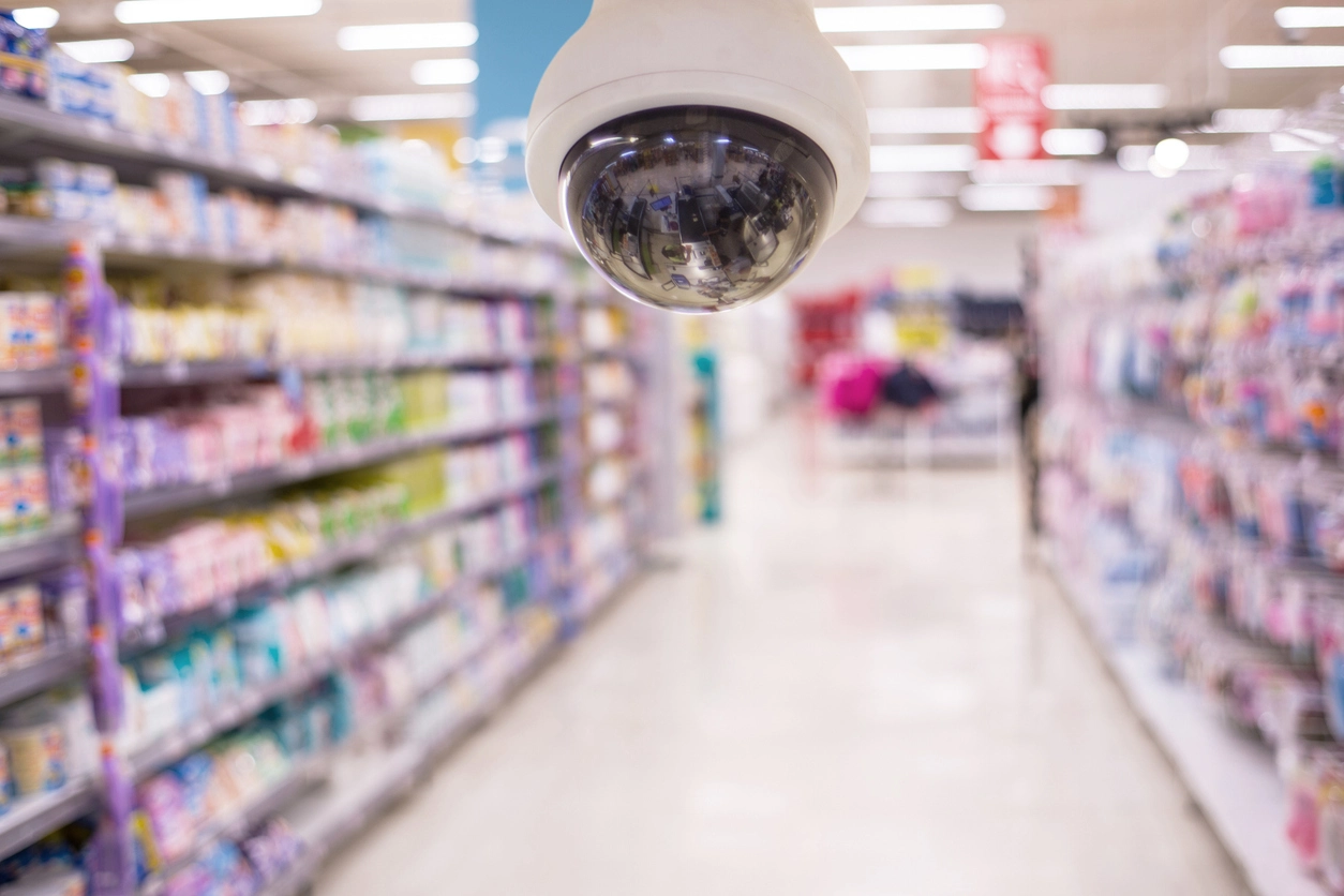 Reolink security cameras monitoring a retail store entrance and checkout area