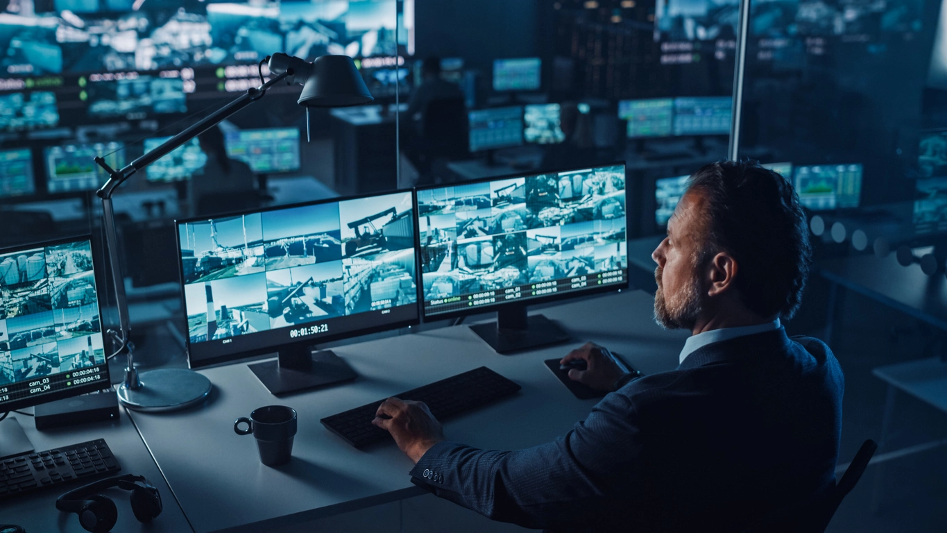 centralized security camera management workstation showing multiple business locations