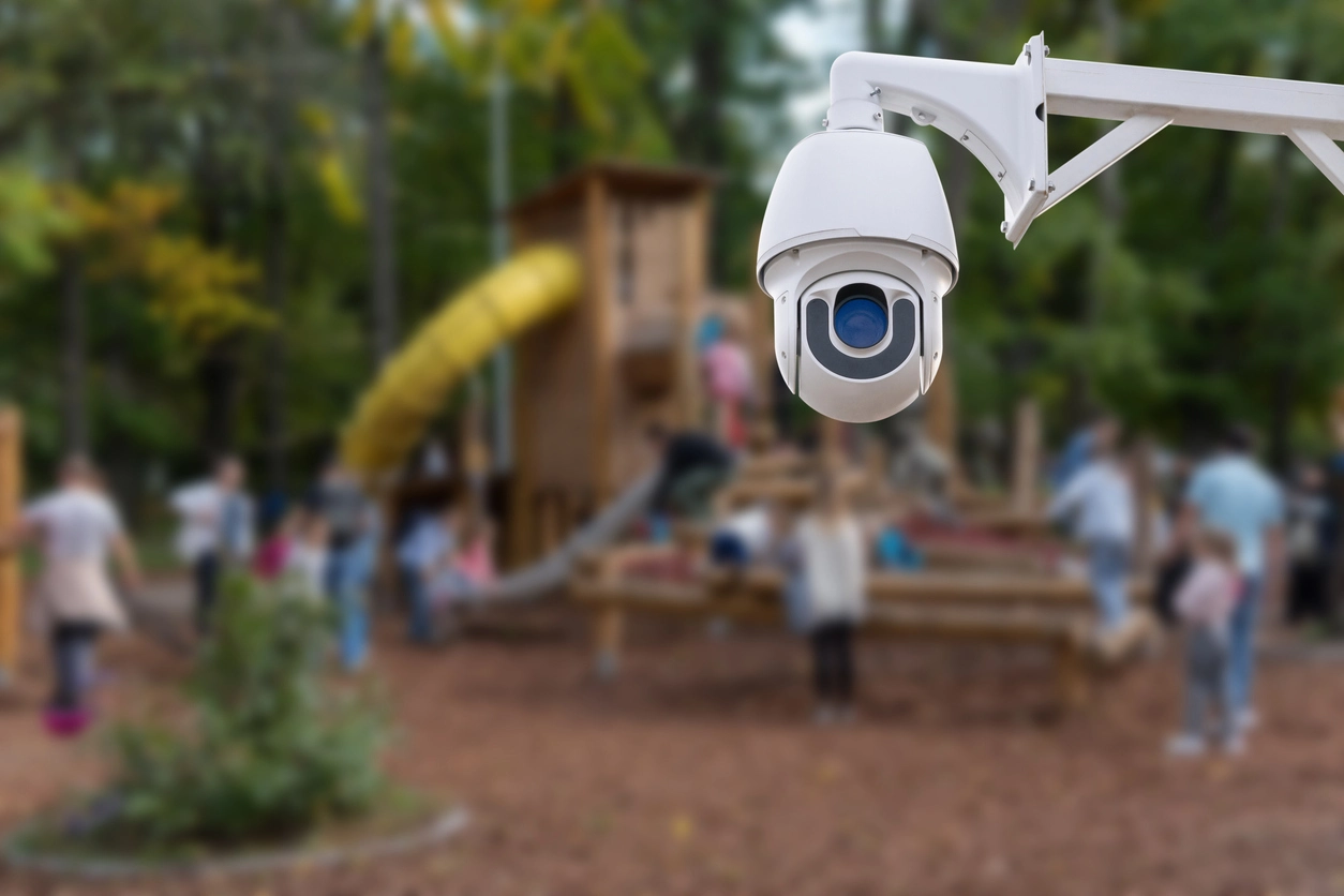 PTZ security camera monitoring school campus exterior area