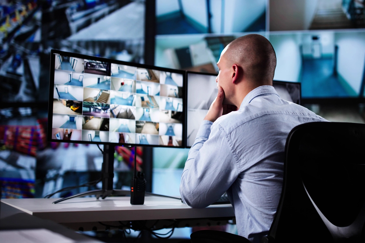 remote access security camera app viewing retail store cameras on laptop