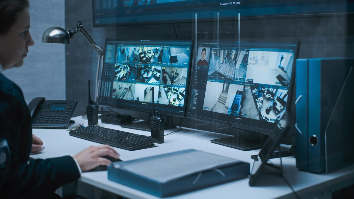 warehouse security cameras viewed remotely from desktop computer
