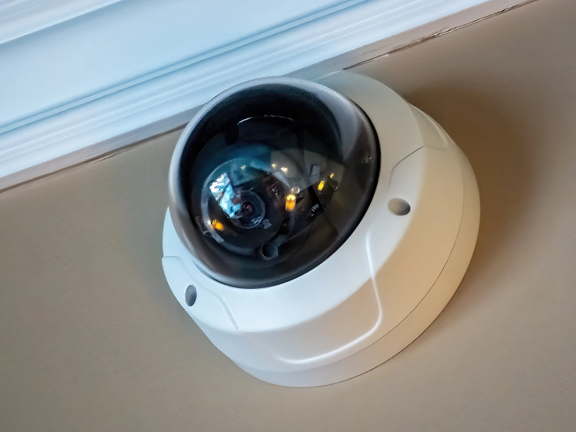 close up of vandal proof security camera housing with rugged protective dome