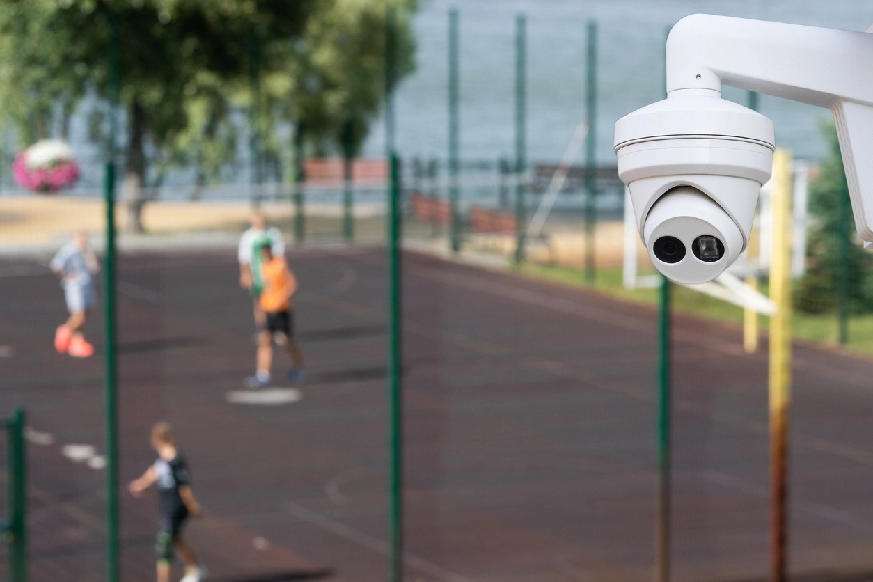 weatherproof security camera monitoring school campus exterior