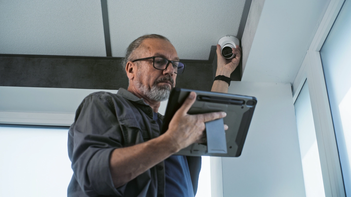 wireless security camera bridge installed between commercial buildings