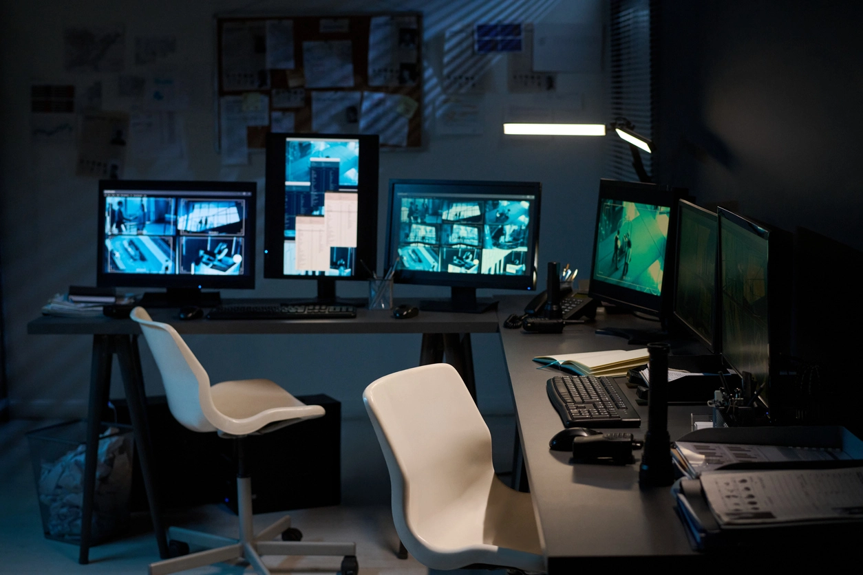 Manager viewing remote security camera feeds for Columbus Ohio business