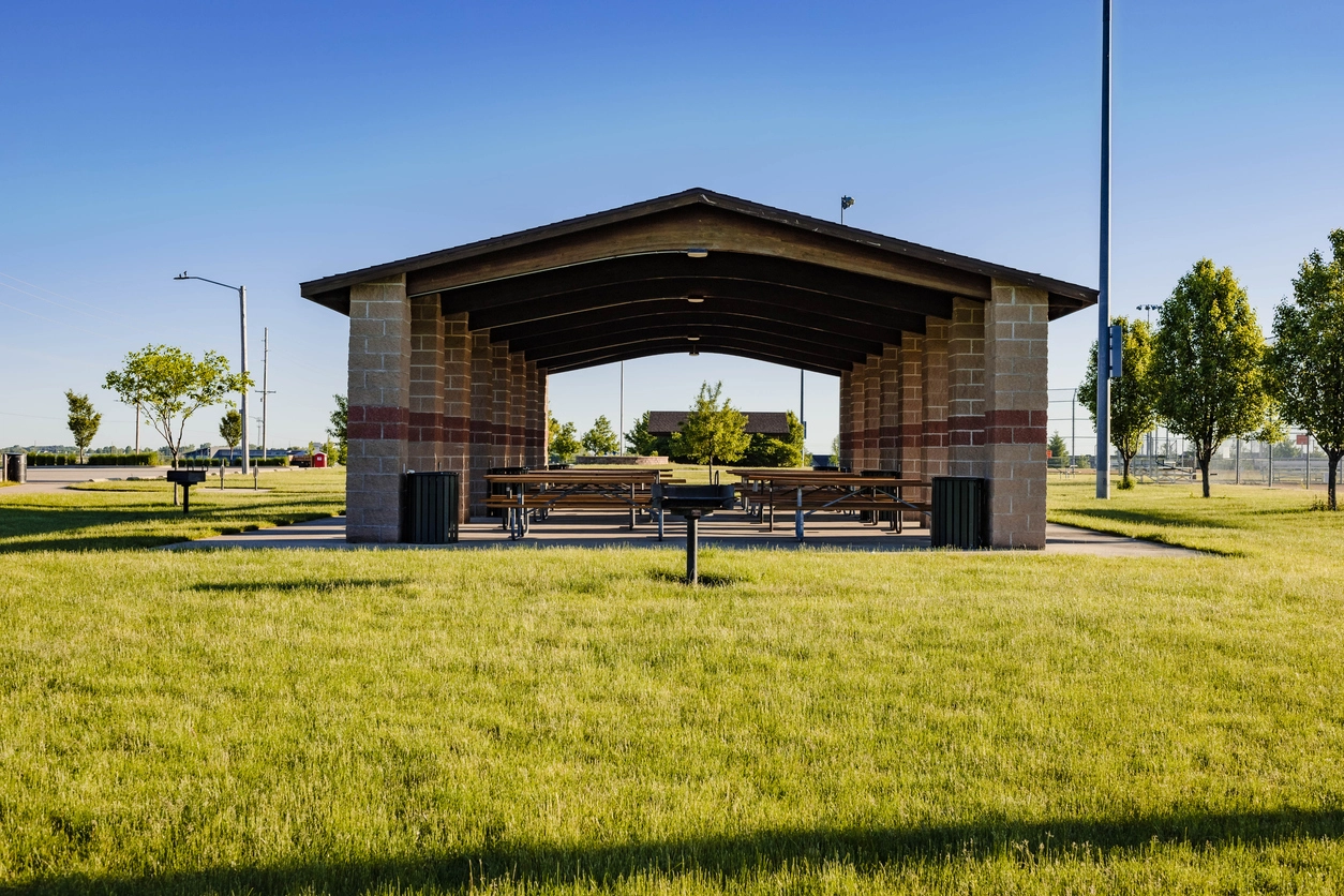 outdoor security camera monitoring city park pavilion and restroom building