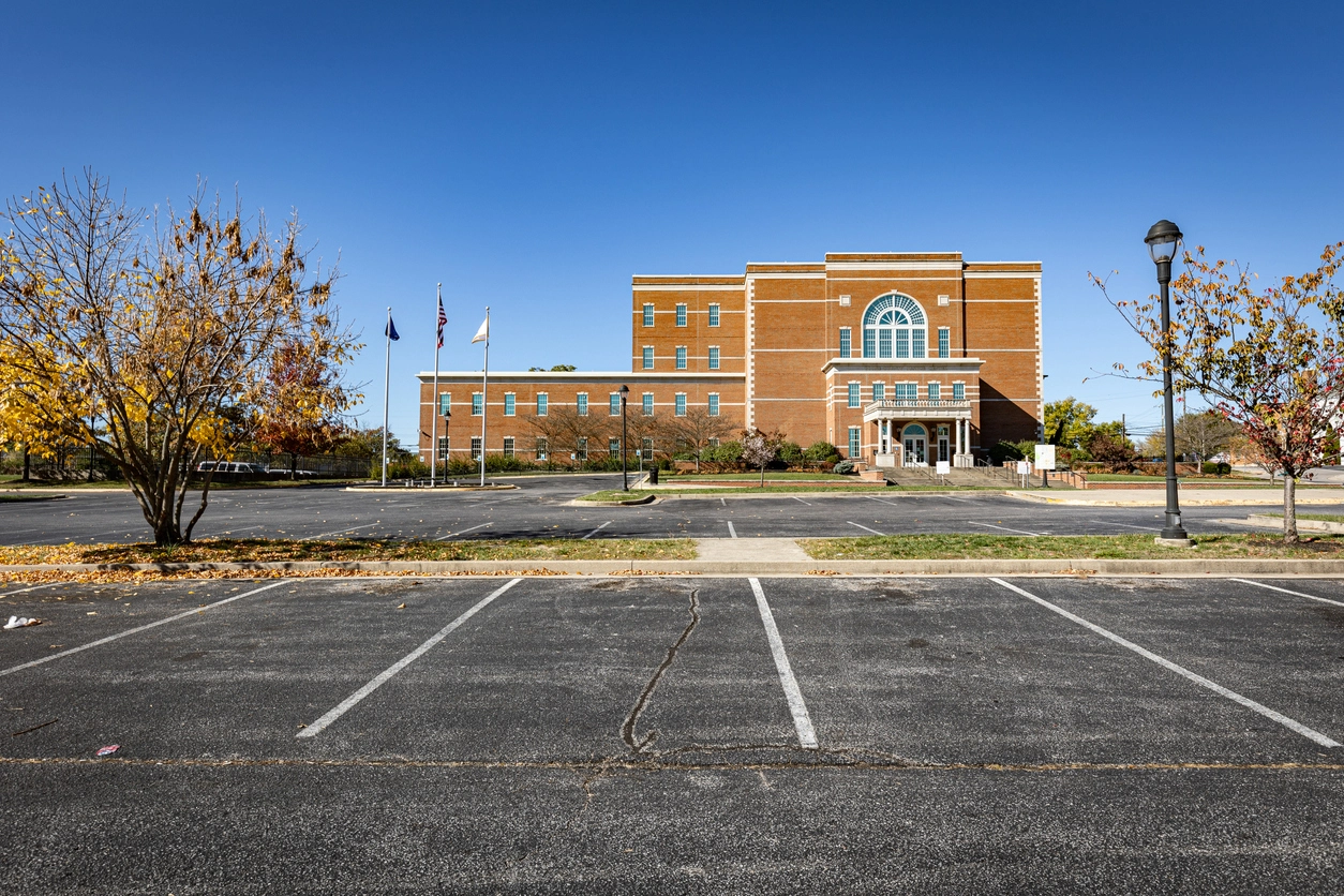 outdoor security camera monitoring courthouse parking lot and exterior entrance