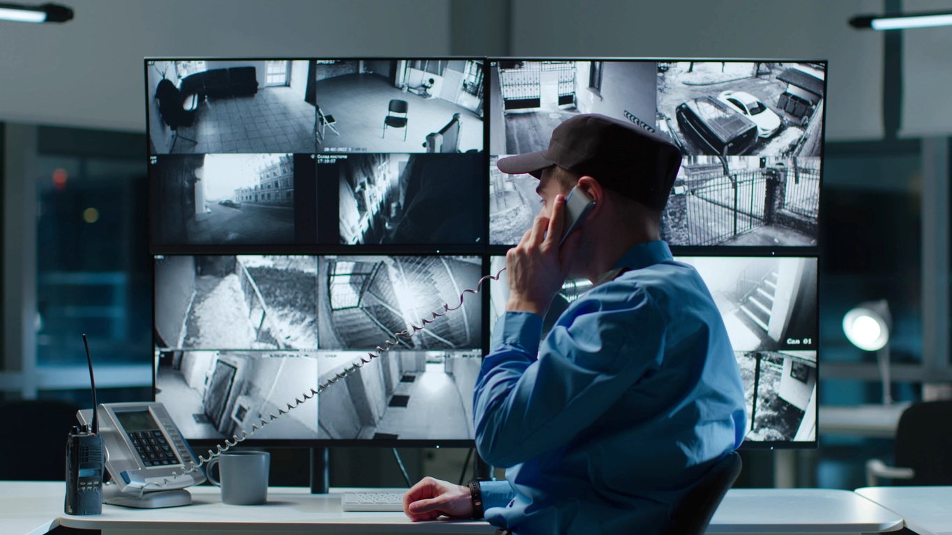 security team reviewing jail surveillance camera feeds