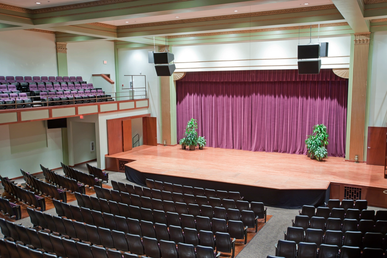 security camera monitoring school auditorium and stage seating area
