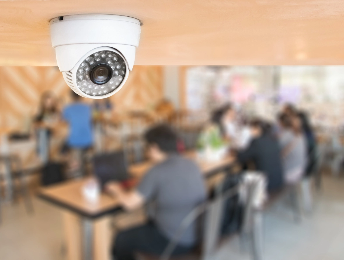 security camera monitoring school multipurpose room and shared activity space