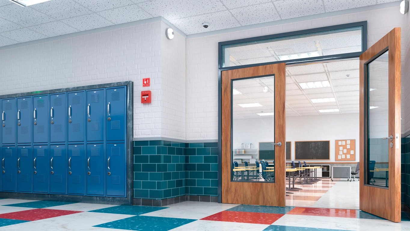 school surveillance cameras monitoring hallway and campus entrance