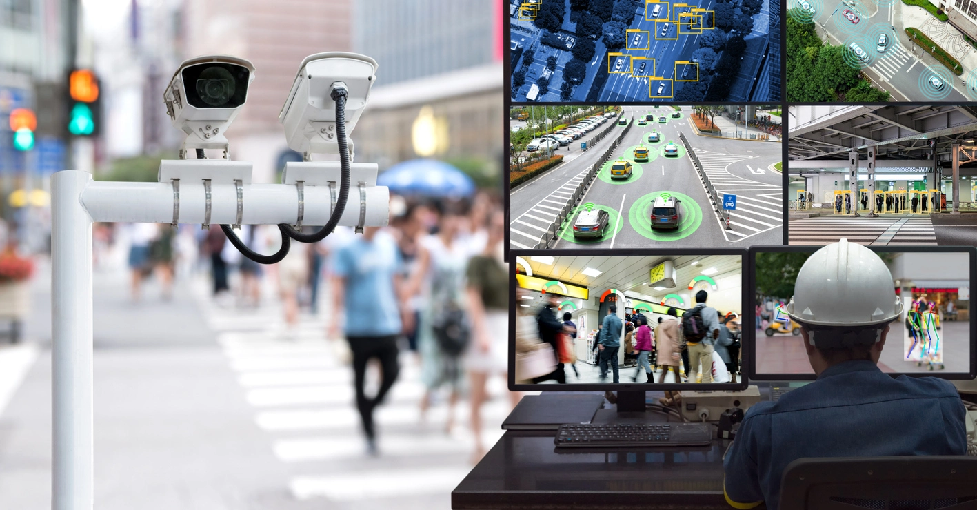 security operations monitor showing public transit surveillance camera feeds
