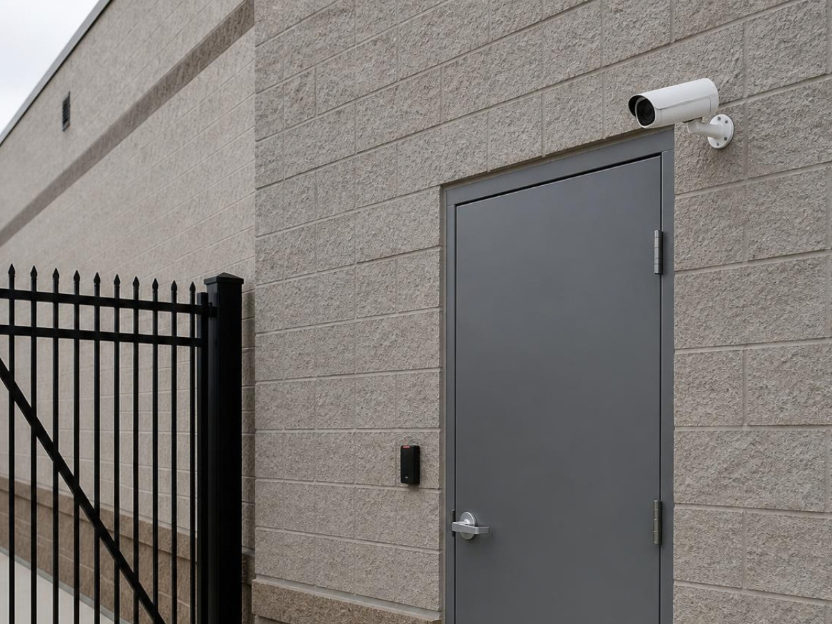 side entrance and perimeter area monitored by a security camera