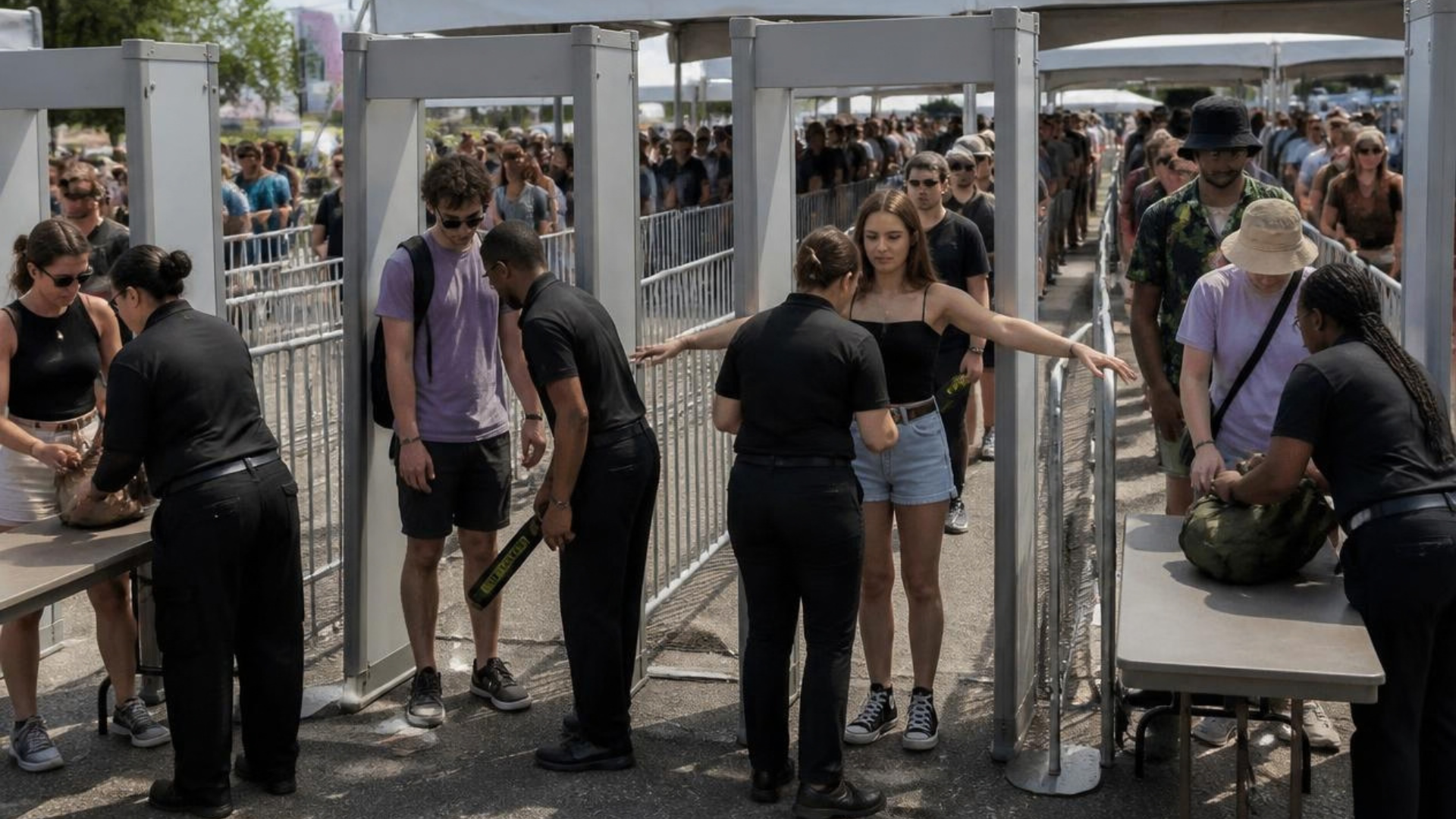 event guests passing through walk-through metal detector screening lanes