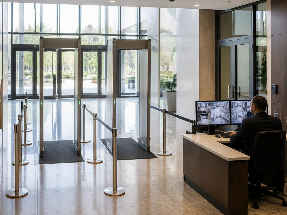 walk-through metal detector, security camera, and access-controlled door planned together