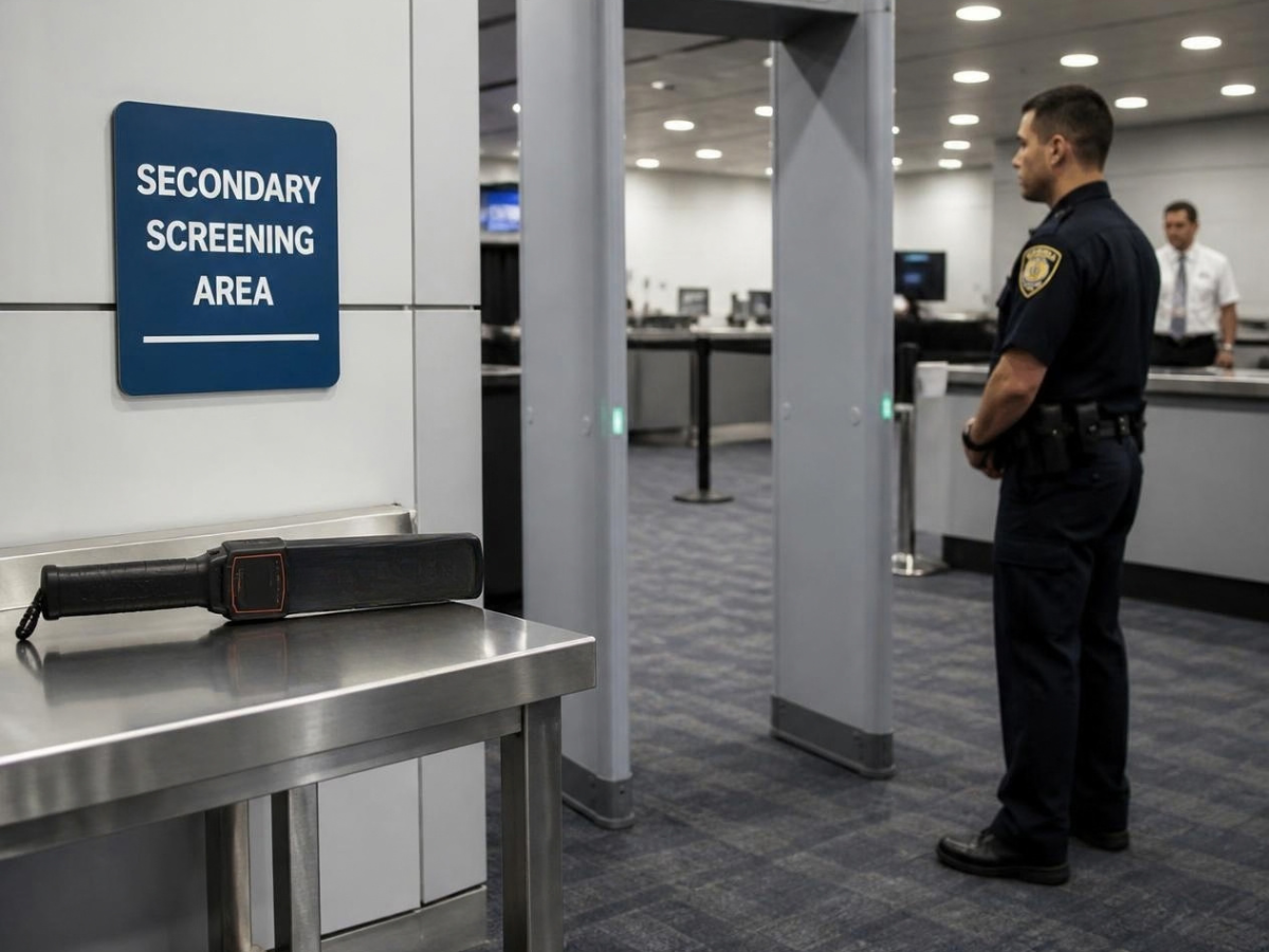 handheld secondary screening area beside a walk-through metal detector