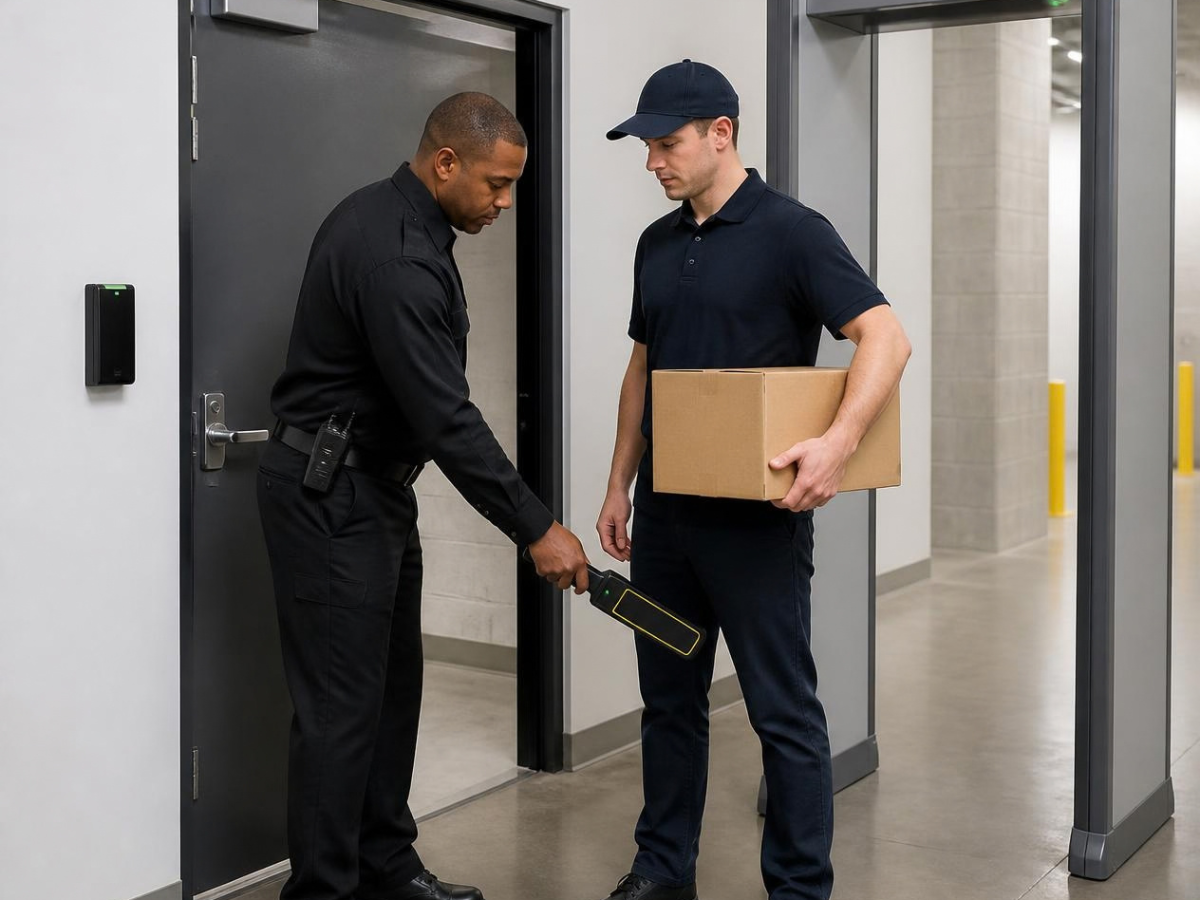 staff and delivery entrance with access control reader and screening support