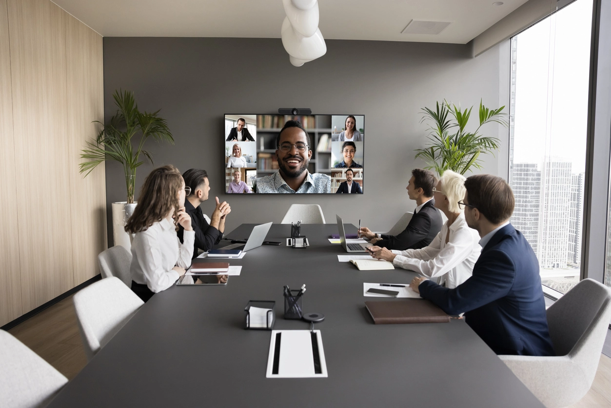 business conference room with video conferencing camera and display