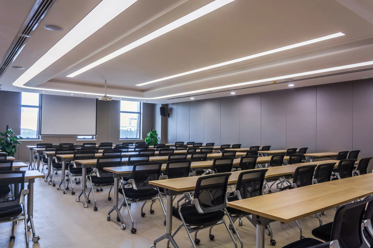 training room with video conferencing camera for remote instruction