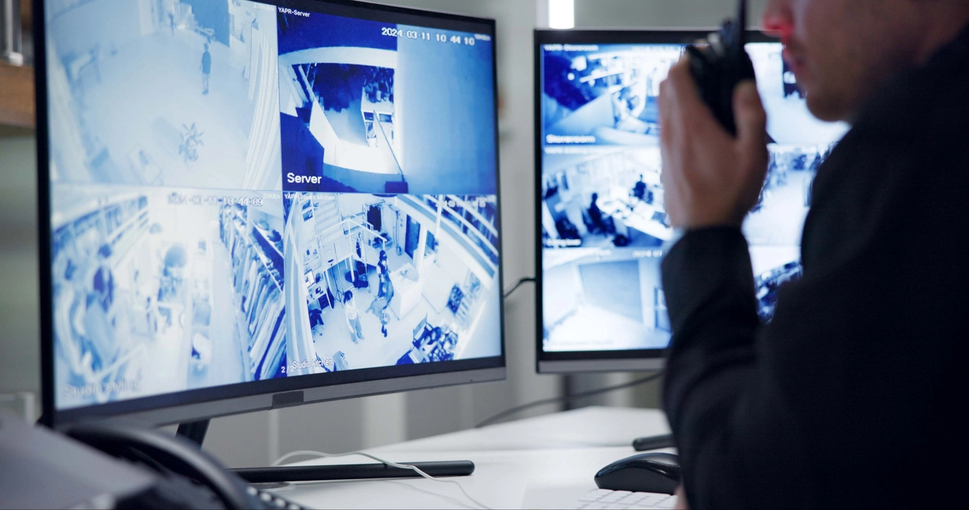 security operations workstation reviewing recorded surveillance footage